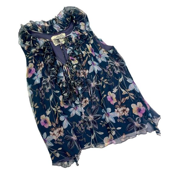 Johnny Was Silk Travis Ruffle Sleeveless Floral Blouse - Picture 2 of 8